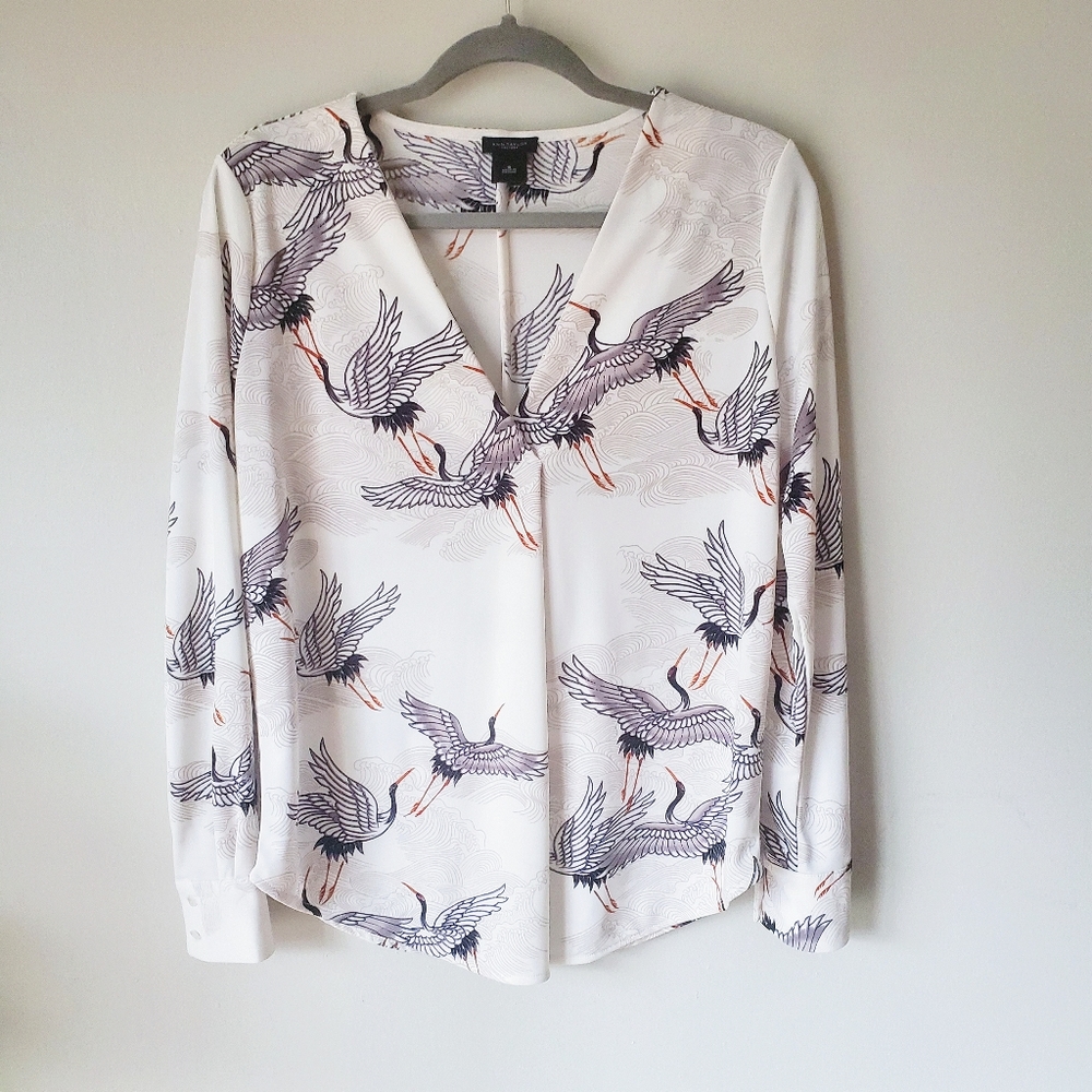 Ann Taylor Factory White Crane Blouse Career Top S